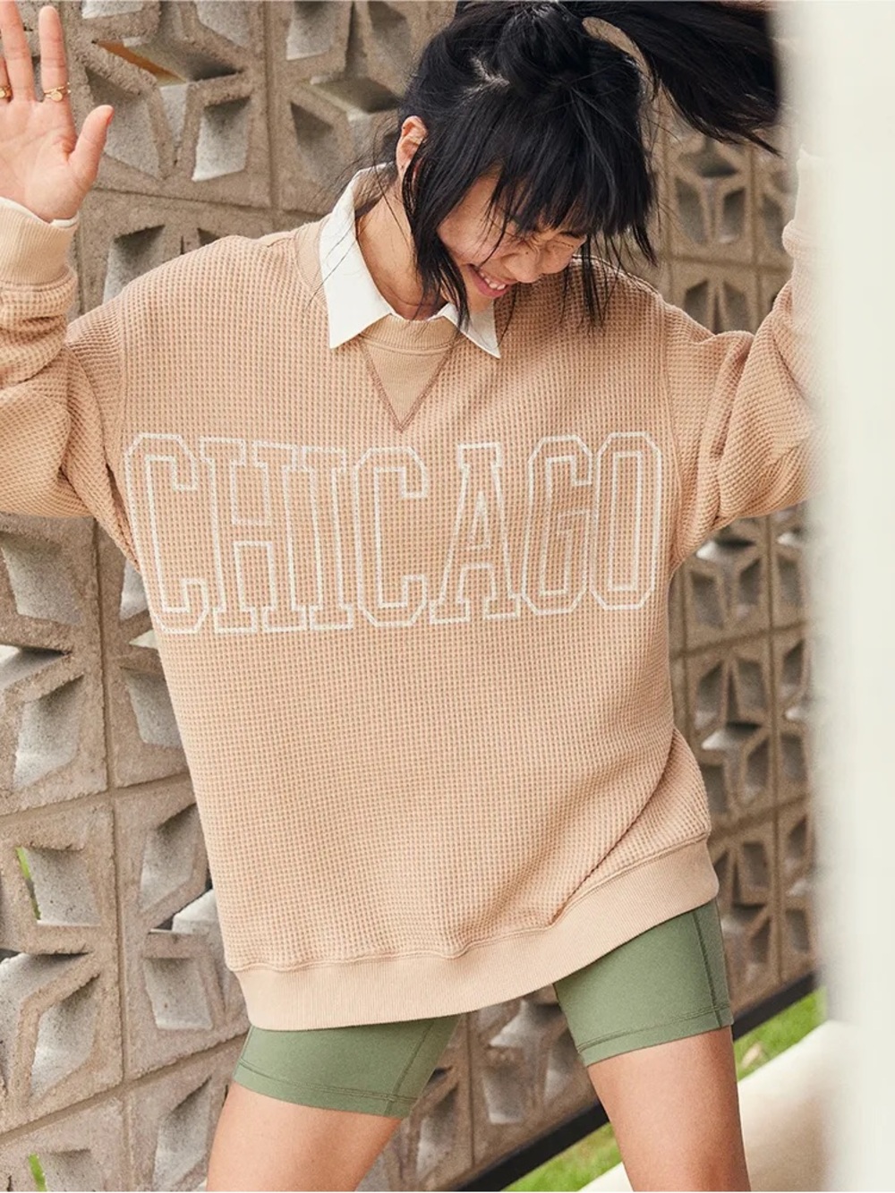 Aerie Chicago Waffle Knit Sweatshirt in Beige Oversized Graphic Long Sleeve M